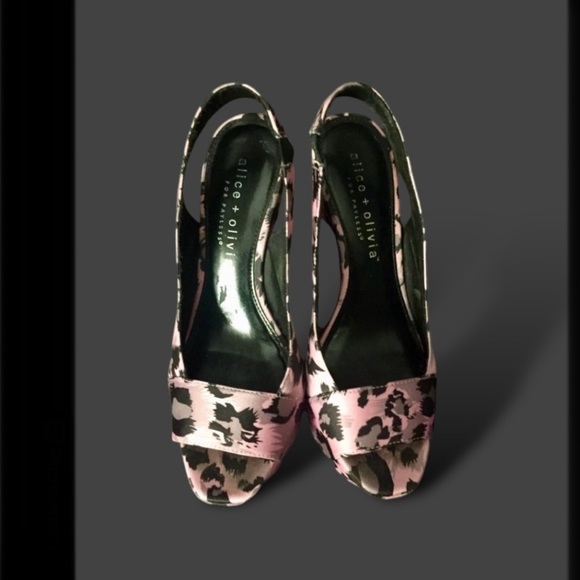 ηεω A+O Pink Leopard Slingback Peep-Toe Wedge Vintage Alice + Olivia Excellent - Picture 2 of 16